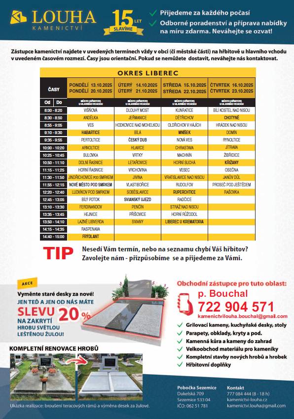 Kamenictví Louha s.r.o. -ve středu 15.10. a  22.10.2025 přijede na hřbitov v Dětřichově zástupce Kamenictví Louha s.r.o. v čase 8,30- 8,50hod.  Firma nabízí nové celo-žulové hroby, krycí desky, rovnání pomníků, čištění a renovace terasových hrobů obnovu písma. Kompletní kamenické práce za velice příznivé ceny- slevy až 35% ! Pokud máte zájem, přijďte ve středu 15.10. a  22.10.2025 v 8,30- 8,50hod na hřbitov, kde Vám bude k dispozici zástupce Kamenictví Louha s.r.o.