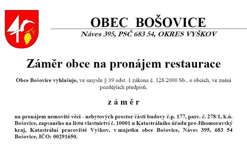 Obec Bošovice zveřejňuje záměr obce na pronájem nemovité věci - nebytových prostor části budovy č.p. 177, p.č. 278/1, k.ú. Bošovice, v majetku obce Bošovice.  Předpokládaný termín pronájmu: od 1. 4. 2026