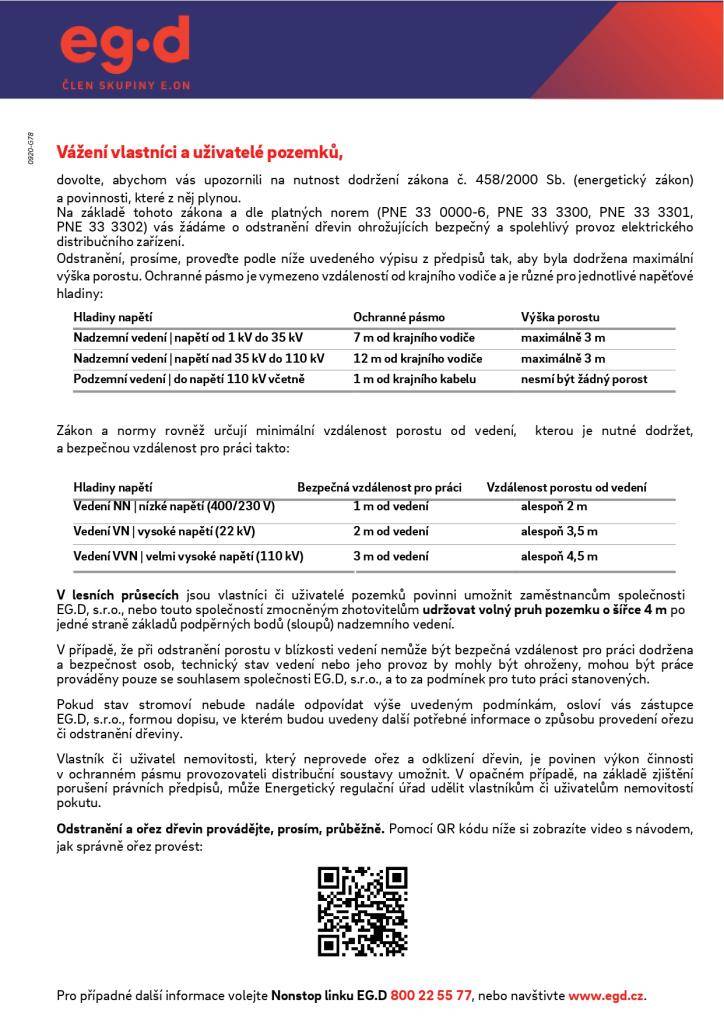 Informace týkající se odstranění dřevin ohrožujících bezpečný a spolehlivý provoz elektrického distribučního zařízení