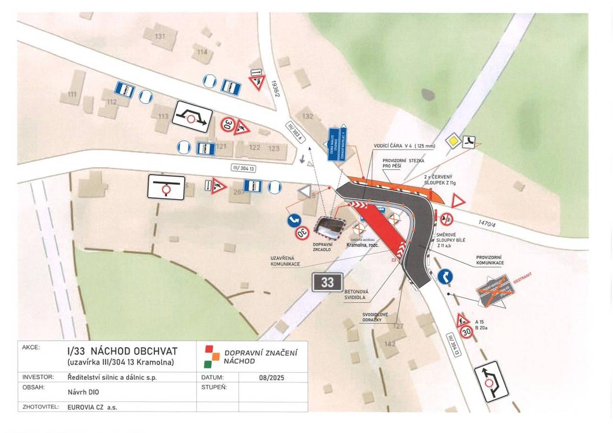Z důvodu pokračující výstavby obchvatu Náchoda dojde od dnešního dne, tj. čtvrtka 9. října 2025, k uzavírce silnice III/30413 v úseku od křižovatky se silnicí III/3036 v délce přibližně 100 metrů ve směru do Náchoda.