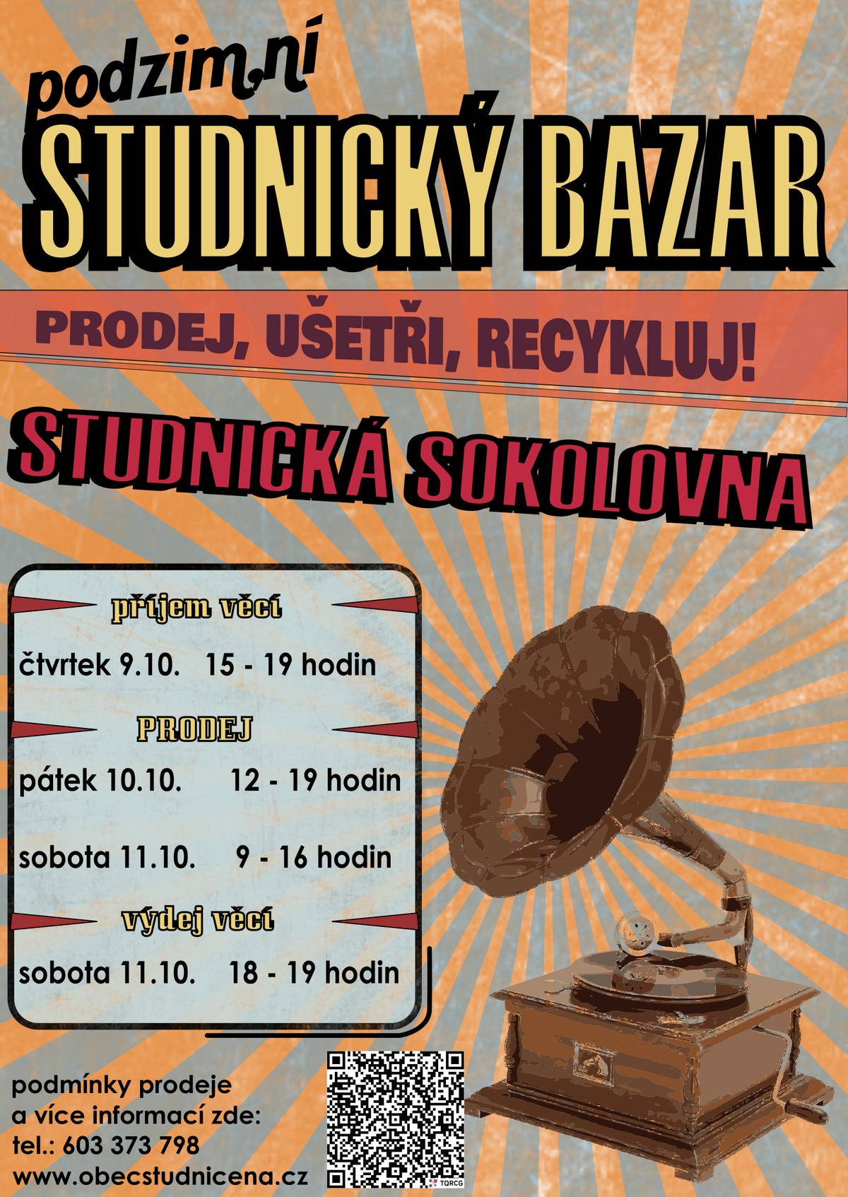Příjem zboží do studnického bazaru proběhne již dnes od 15 do 19 hodin. Prodej zítra od 12 do 19 hodin a v sobotu od 9 do 16 hodin. Přijďte sehnat něco, co určitě potřebujete a ještě o tom nevíte. Příjezd k sokolovně není omezen.