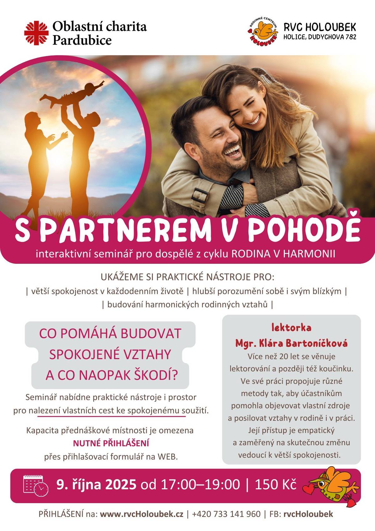 Vážení spoluobčané, přinášíme vám  přehled akcí, které nás čekají v následujících dnech v Holicích:   9. října – Holice – S partnerem v pohodě – Rodinné a vzdělávací centrum Holoubek Holice 9. října – Holice – Deskovky – Komunitní klub pro mládež Holice 11. října – Holice – Keramika – Artykadlo 14. října – Holice – Dlabání dýní – Komunitní klub pro mládež Holice 15. října – Holice – Není zákaz jako zákaz – Rodinné a vzdělávací centrum Holoubek Holice 15. října – Holice – Taneční pro dospěláky – TSHF a Tancklub Holice