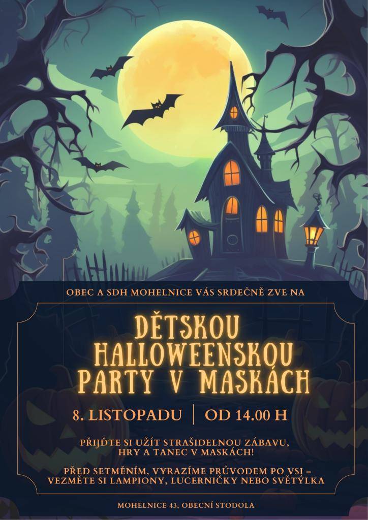 Srdečně zveme všechny děti i dospělé na dětskou halloweenskou party do naší obecní stodoly. Přijďte v maskách klidně všichni, ať to má atmosféru :)  Nejdřív si uvnitř zatančíme a před setměním vyrazíme průvodem po vsi, vezměte si lampionky nebo lucerničky, ať jsme dobře vidět :)