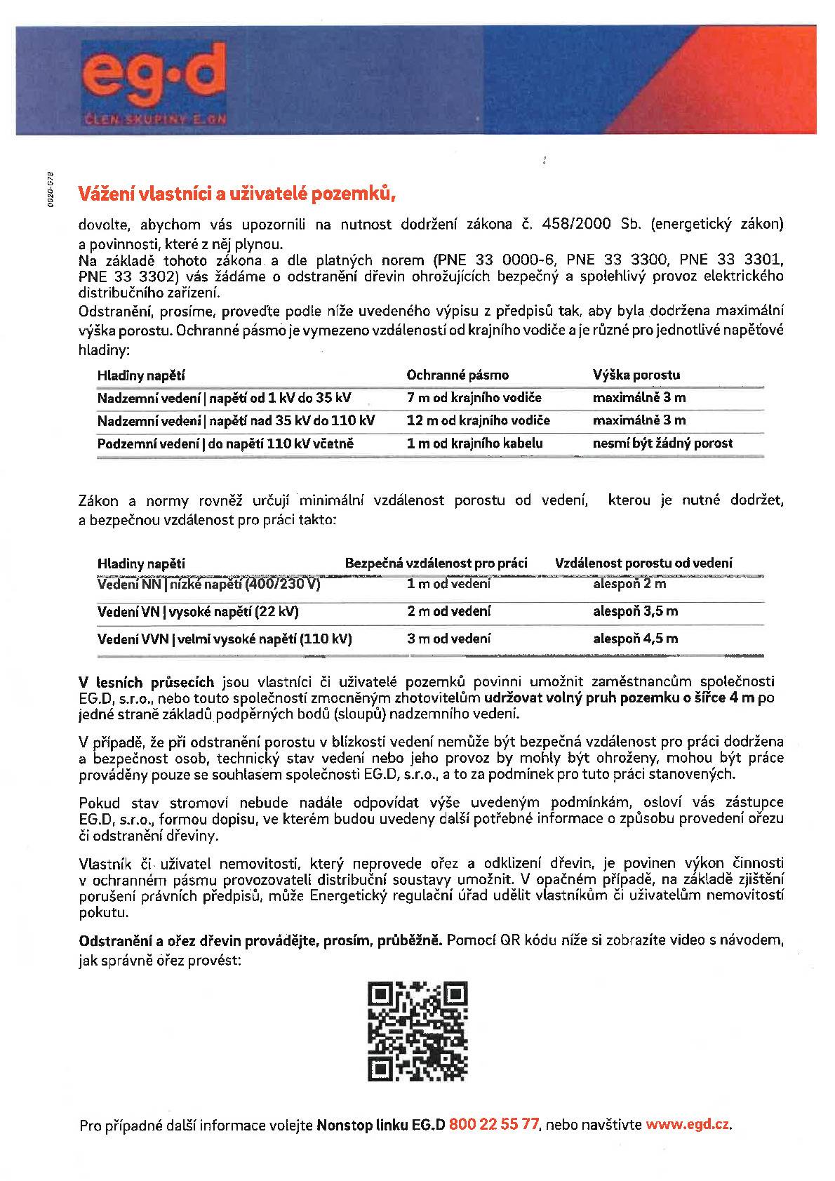 Firma Eg.d, s.r.o. - upozorňuje vlastníky či uživatele nemovitostí (pozemků) na potřebu ořezu, popřípadě odstranění dřevin.