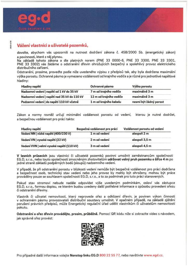 Dovolujeme si vás informovat o nutnosti dodržení energetického zákona a odstranění dřevin ohrožujících elektrická zařízení. Je důležité řídit se uvedenými normami a maximálními výškami porostu v ochranných pásmech.