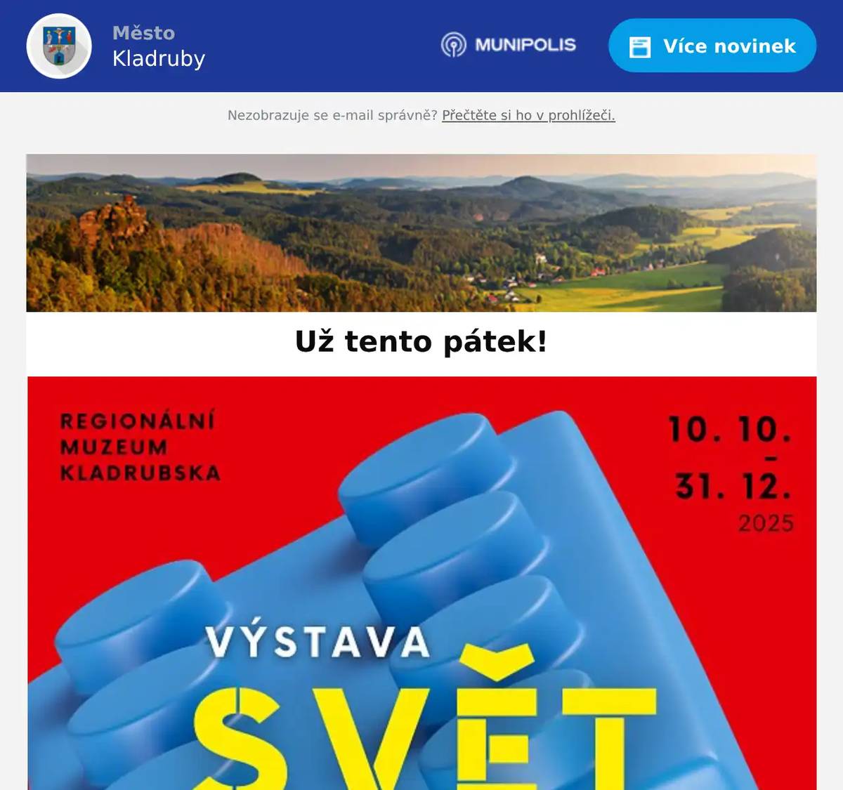 Už zítra, v pátek 10. 10. v 17:00, otevíráme dveře nové výstavě, která zaplnila celou recepci muzea! 🏛️Přijďte na vernisáž LEGO® výstavy, nasajte atmosféru a objevte, co všechno dokázali postavit naši šikovní obyvatelé z Kladrub a okolí! 🧱✨ 📍 Regionální muzeum Kladrubska🗓️ Výstava potrvá do 31. 12. 2025 Ideální místo pro podzimní rodinný výlet – těšíme se na vás! 💛