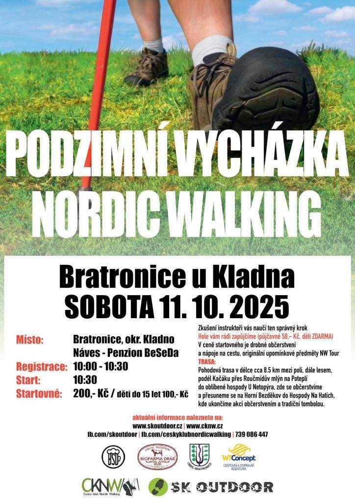 Přijďte si užít podzimní vycházku Nordic Walking v Bratronicích, která se koná v sobotu 11. října 2025. Zkušení instruktoři vás seznámí s technikou chůze a rádi vám zapůjčí hole. Startovné zahrnuje drobné občerstvení a originální upomínkové předměty. Trasa dlouhá cca 8,5 km vás provede krásnou příro