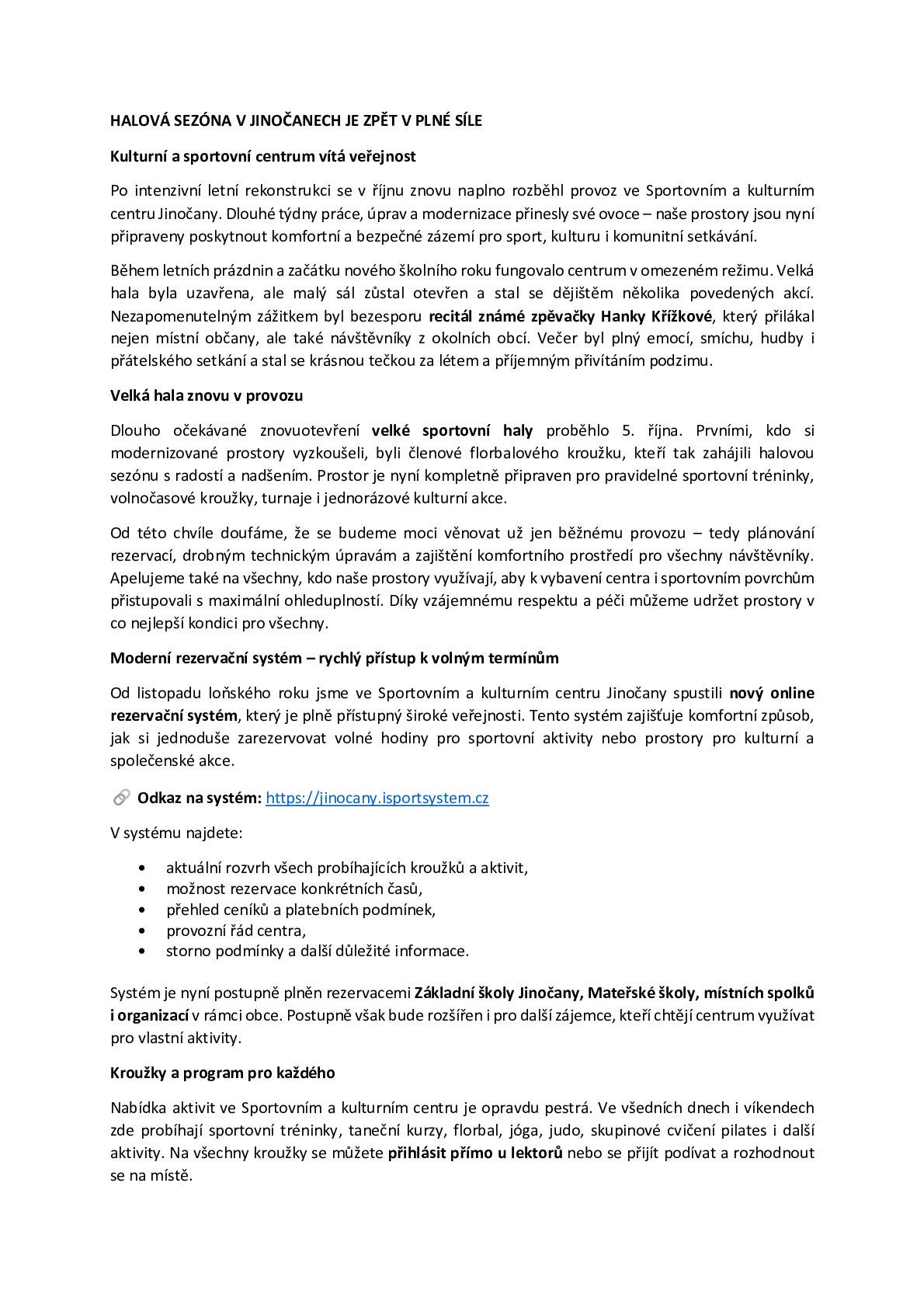 Vážení občané, přinášíme vám několik informací ze Sportovního a kulturního centra.
