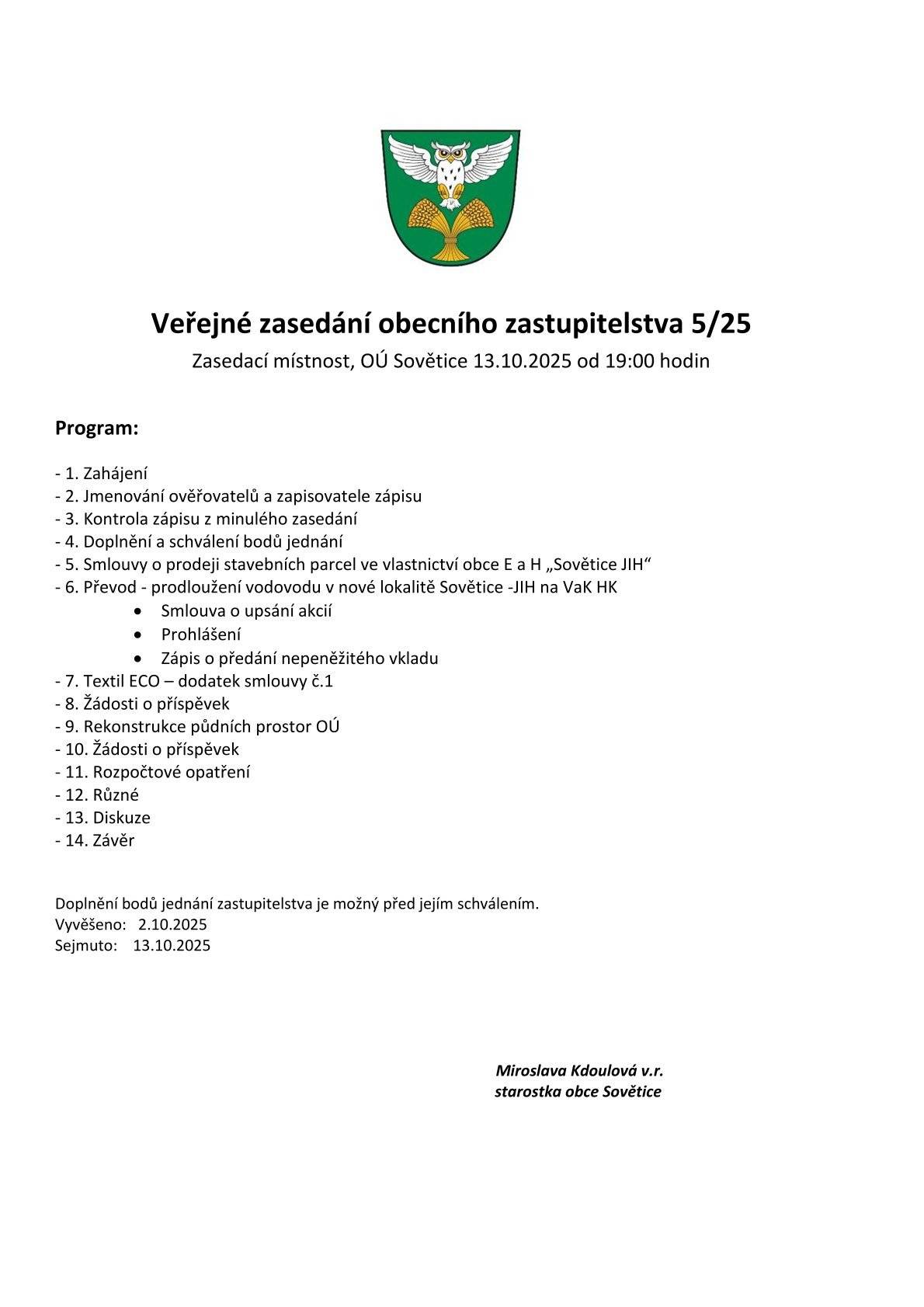 se uskuteční od 19:00 v zasedací místnosti OÚ Sovětice