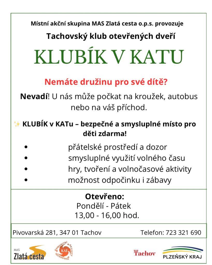 Klub KAT je určen dětem ve věku 6–15 let, které mohou po škole využít bezpečné a přátelské prostředí k čekání na autobus, kroužek nebo vyzvednutí rodiči. Děti zde tráví čas pod dozorem dospělých a mají možnost se věnovat smysluplným aktivitám – hrám, tvoření, povídání s kamarády nebo učení.
