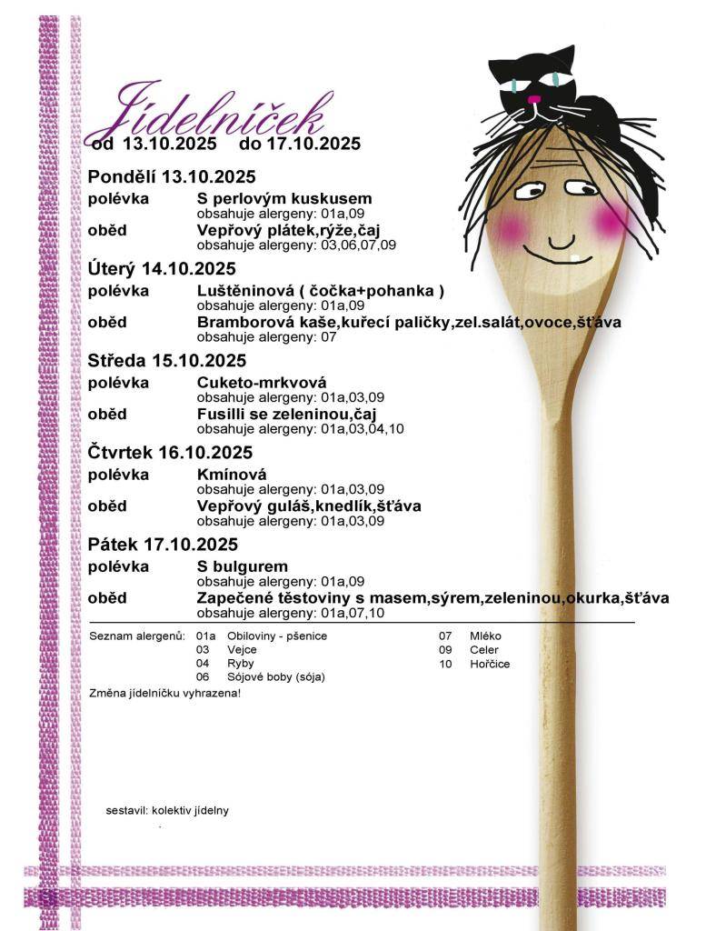 Jídelníček 13. 10. - 17. 10. 2025