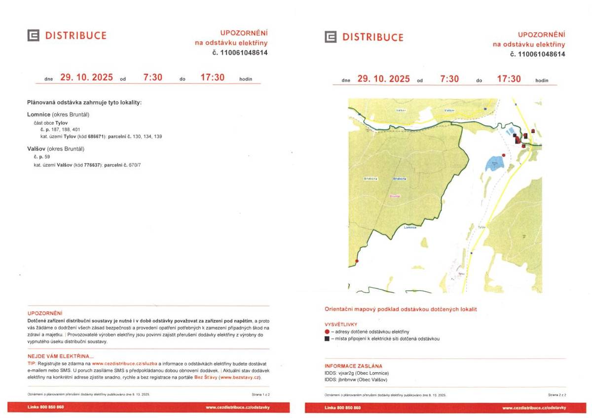 Plánovaná odstávka elektřiny se uskuteční dne 29. října 2025 od 7:30 do 17:30 hodin v obcích Lomnice a Valšov. Dotčená lokalita zahrnuje část obce Tylov č.p. 187, 188 a 401.