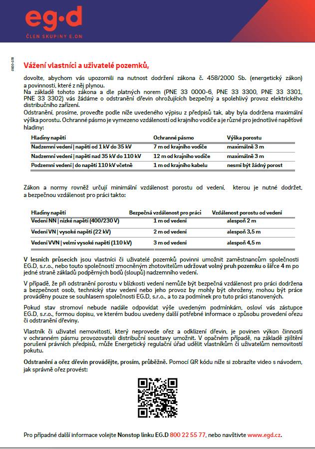 UPOZORNĚNÍ PRO VLASTNÍKY A UŽIVATELE POZEMKŮ - PROVÁDĚNÍ ODSTRAŇOVÁNÍ A OŘEZ DŘEVIN