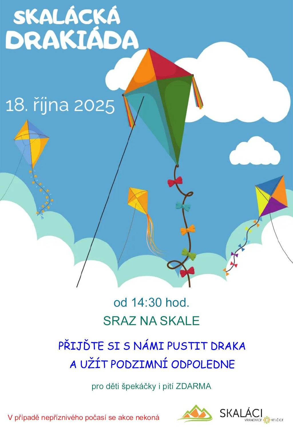 Skaláci zvou na každoroční drakiádu, která se koná 18.10.2025 od 14:30 h.