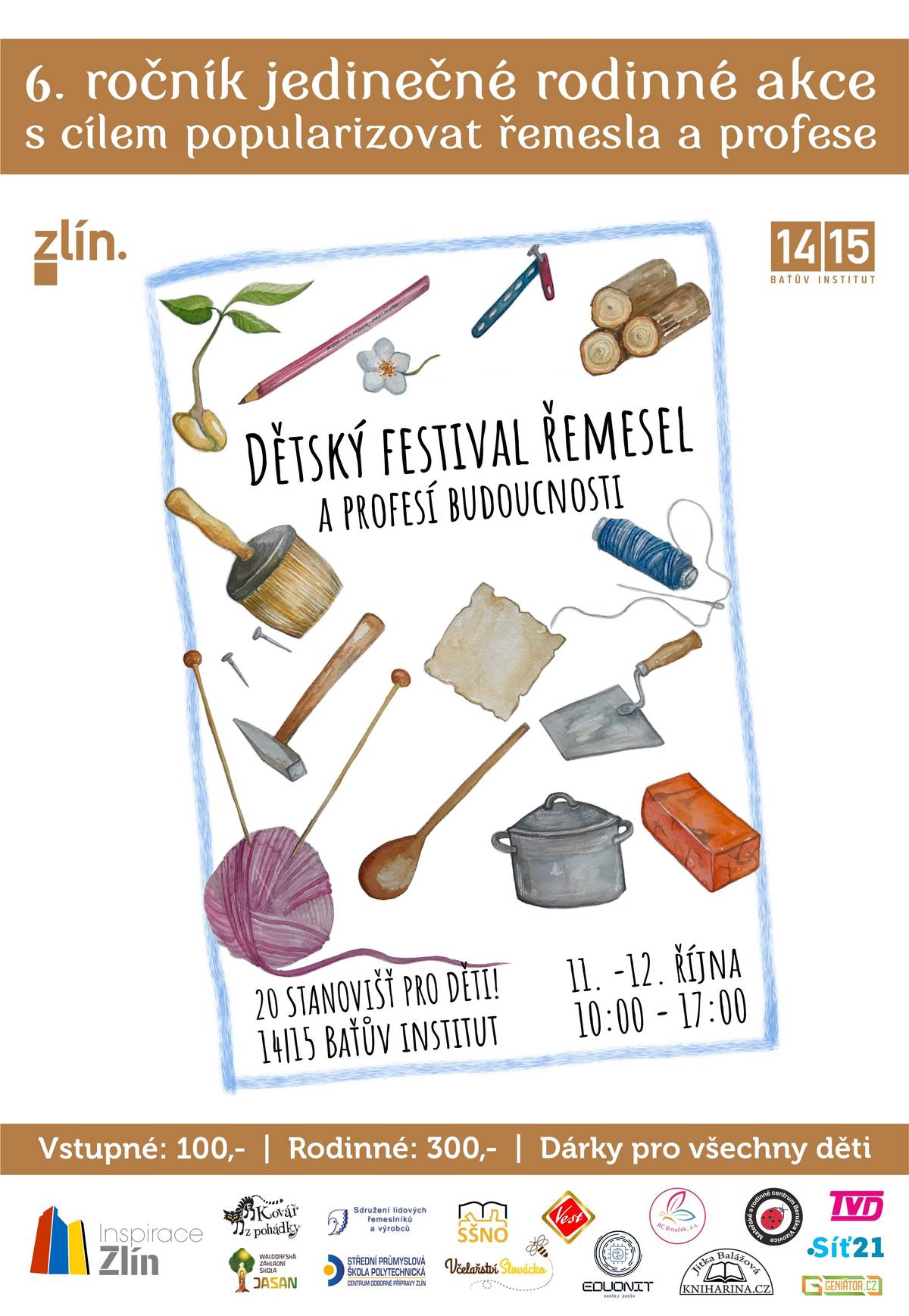 Inspirace Zlín z.s. srdečně zve na 6. ročník Dětského festivalu řemesel a profesí budoucnosti, který se uskuteční 11.–12. října v prostorách 14|15 Baťova institutu ve Zlíně, vždy od 10 do 17 hodin. Festival přináší dětem i rodičům možnost na vlastní kůži vyzkoušet desítky řemesel a profesí budoucnosti – od truhlařiny, elektrotechniky a robotiky až po 3D tisk, paličkování, korálkování či práci s knihami a textilem. 👉 Na děti čeká více než 20 stanovišť a za splnění všech úkolů malý dárek. Akce propojuje polytechnické vzdělávání, tvořivost a kariérové poradenství – a je inspirací i pro školy a obce, které chtějí rozvíjet zájem dětí o praktické dovednosti a budoucí povolání. Přijďte se podívat, co všechno dokážou děti vlastníma rukama – a nechte se inspirovat atmosférou, která baví celé rodiny.