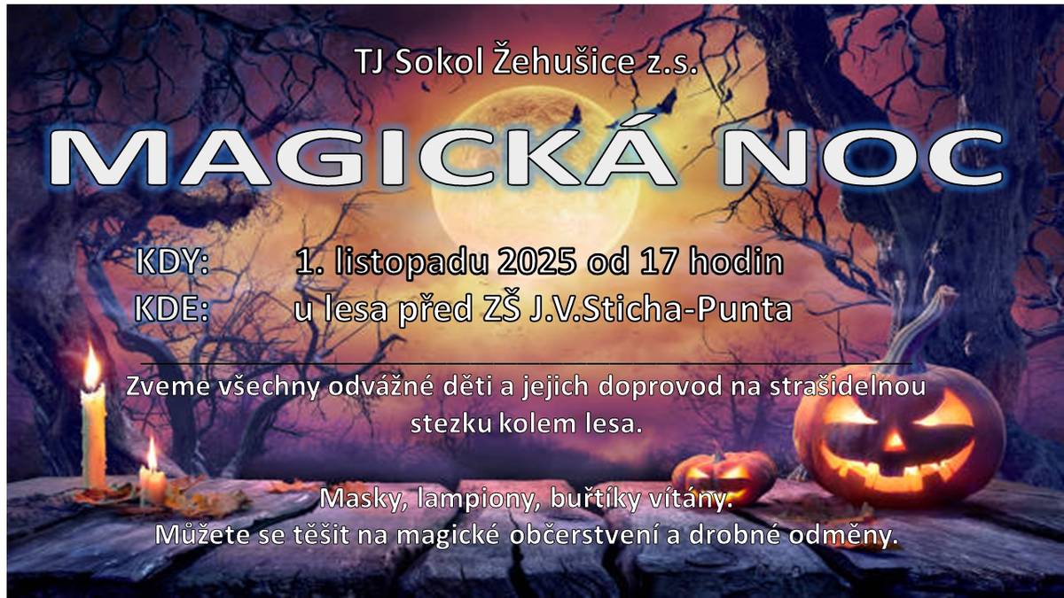 TJ Sokol Žehušice pořádá strašidelnou stezku kolem lesa, která je určena pro mladé lidi a jejich doprovod. Akce se koná 1. listopadu 2025 od 17 hodin v okolí Základní školy J. V. Sticha - Punta.