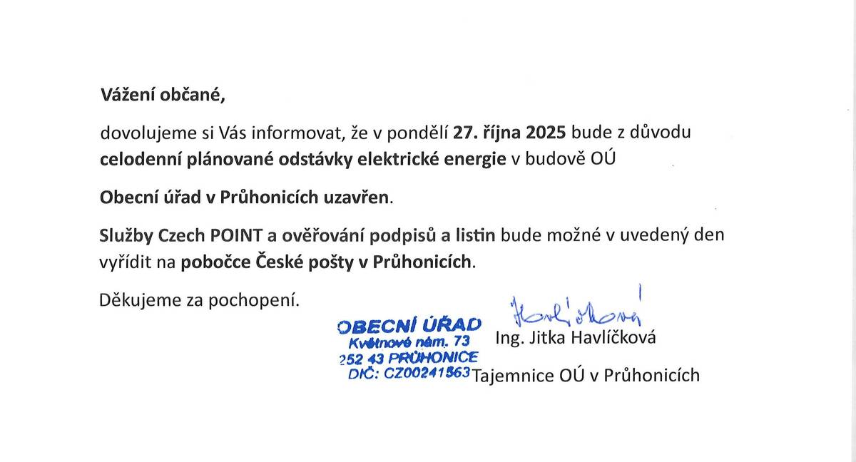 Informace o uzavření OÚ v Průhonicích dne 27. října 2025
