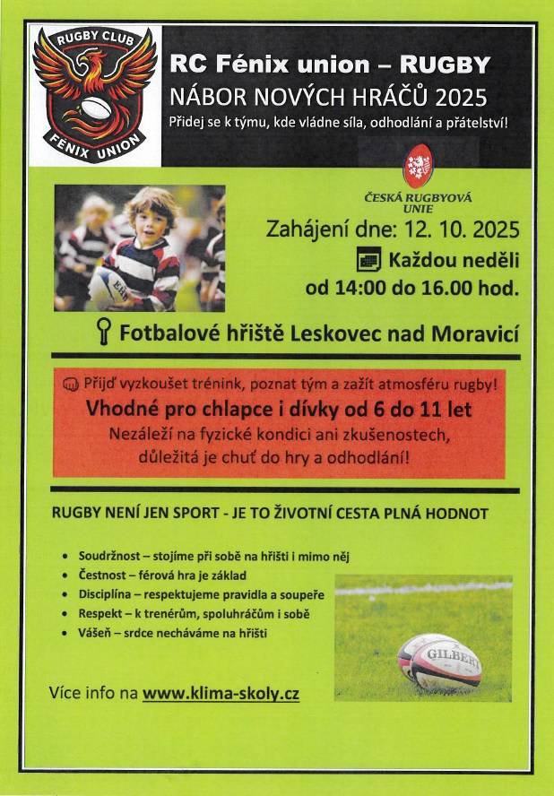 RC Fénix union vyhlašuje nábor nových hráčů pro sezonu 2025, který začíná v sobotu 12. října 2025. Přijďte se seznámit s hodnotami, které rugby přináší, a zapojte se do tréninků, které probíhají každou neděli od 14:00 do 16:00 hodin na fotbalovém hřišti v Leskovci nad Moravicí.
