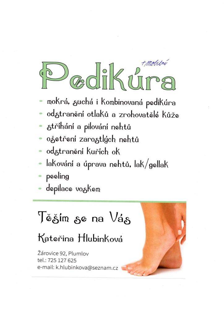 Kateřina Hlubinková nabízí pedikůru. Služby zahrnují mokrou, suchou i kombinovanou pedikúru, odstranění otlaků a zrohovatělé kůže, střihání a pilování nehtů, ošetření zarostlých nehtů a lakování. Kromě toho je k dispozici také depilace voskem.