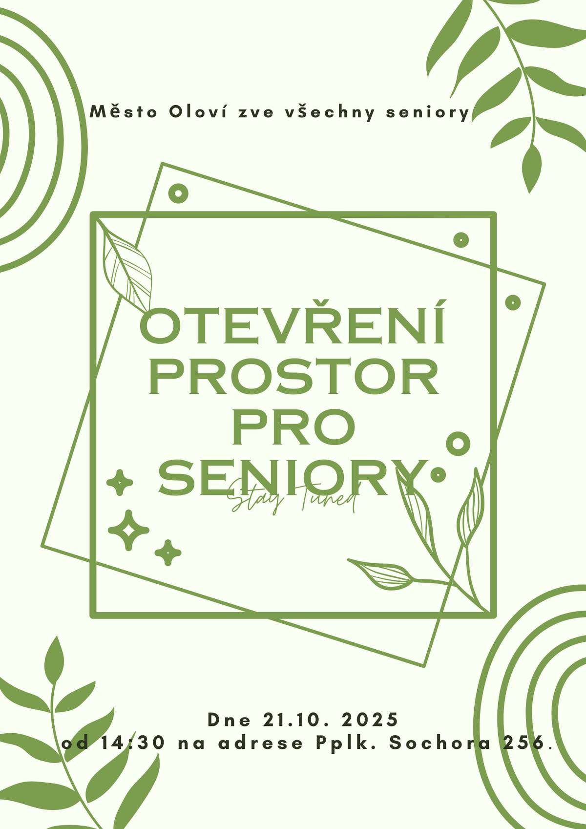 Město Oloví zve všechny seniory na otevření nových prostor pro seniory. Akce se uskuteční dne 21.10.2025 od 14:30 hod. v ulici Pplk. Sochora č.p. 256.