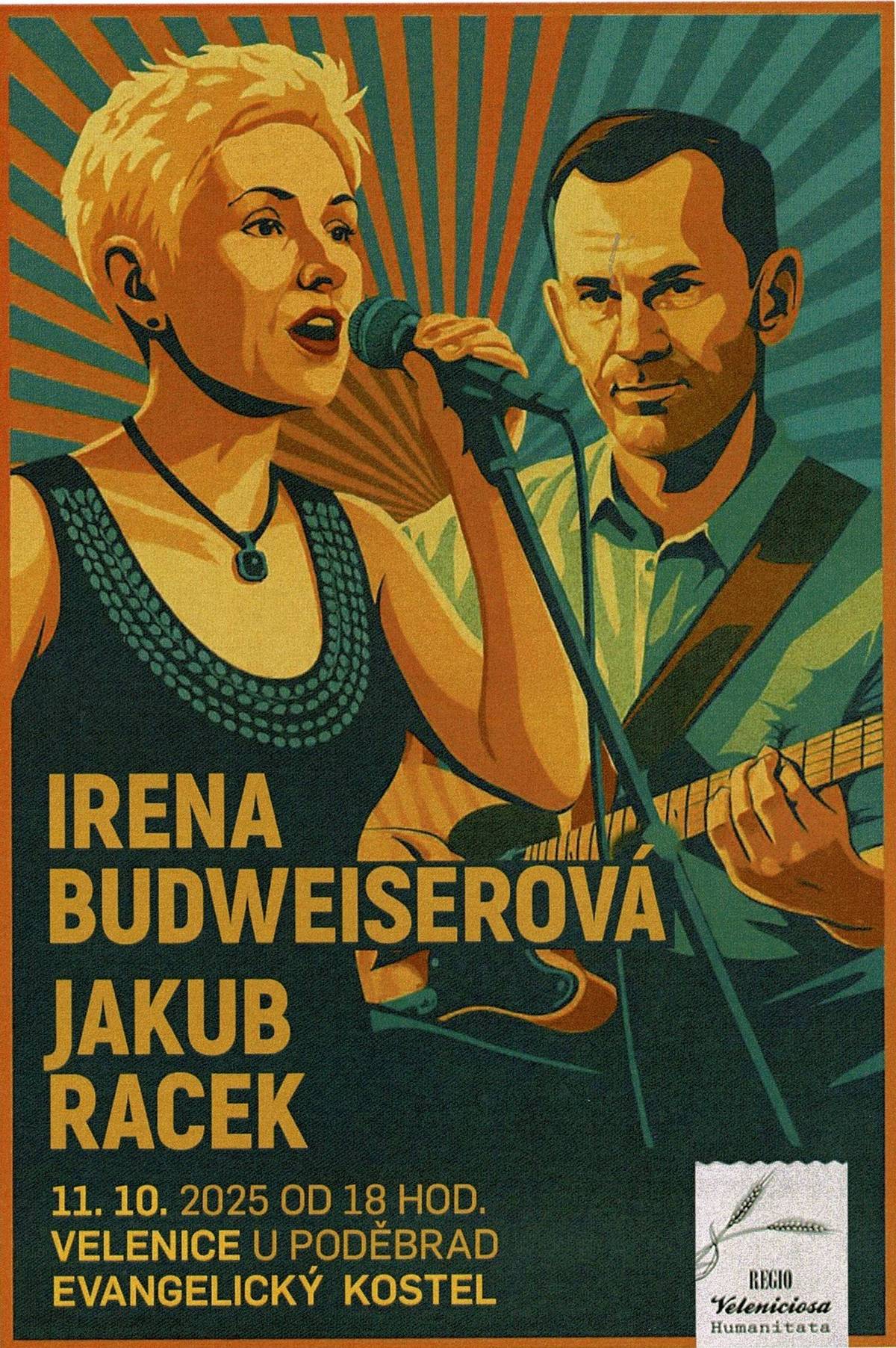 Společnost Regio Veleniciosa Humanitata zve na koncert Ireny Budweisorové a Jakuba Racka v sobotu 11. října 2025 od 18 hodin v kostele ve Velenicích.