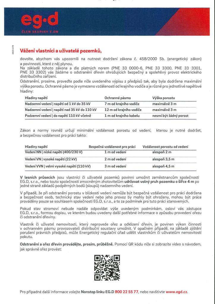 EG.D - upozornění vlastníkům či uživatelům nemovitostí (pozemků) na potřebu ořezu, příp. odstranění dřevi
