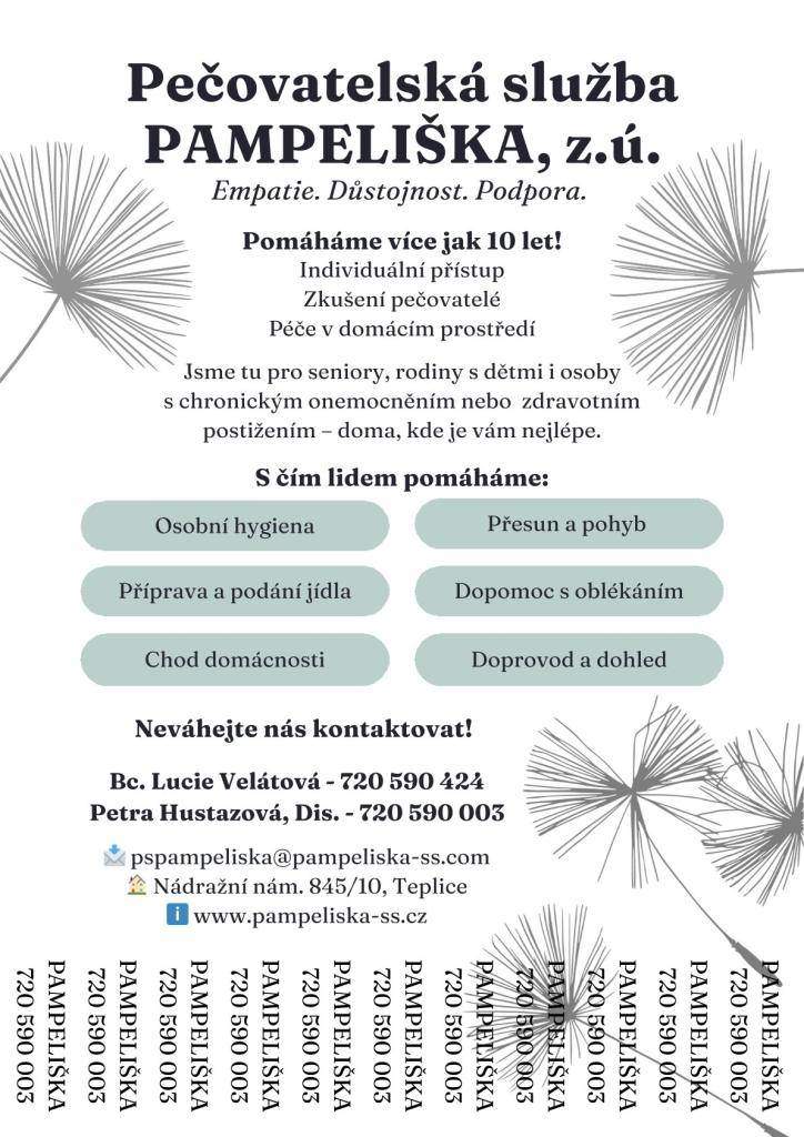 PAMPELIŠKA, z.ú. se specializuje na pečovatelskou službu s individuálním přístupem. Služby jsou určeny pro seniory, rodiny s dětmi i osoby se zdravotními obtížemi, a to v pohodlí jejich domova.