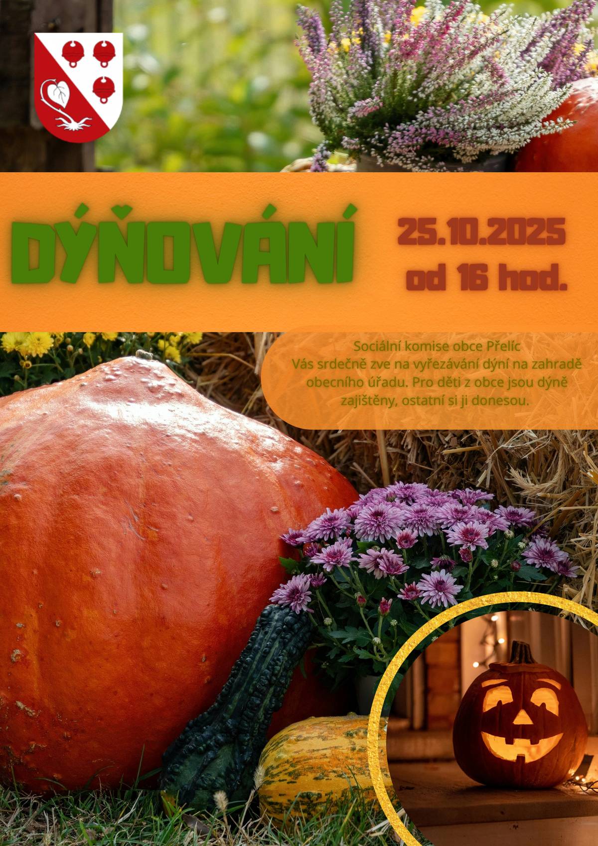 Podzimní dýňování Sociální komise obce Přelíc Vás srdečně zve na vyřezávání dýní na zahradě obecního úřadu.   Kdy: 25. 10. 2025 16:00 Kde: Obecní úřad Přelíc