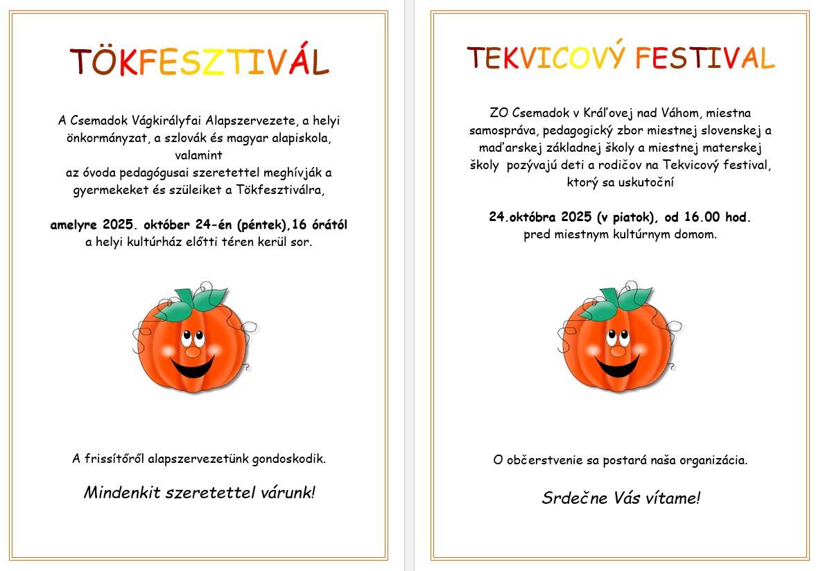 Pozvánka na Tekvicový festival 2025, ktorý sa uskutoční 24.10.2025 v kultúrnom dome.
