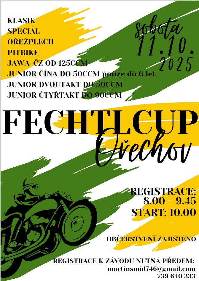 Závod FECHTLCUP se uskuteční v Ořechově 11. října 2025. Registrace začíná v 8:00 a končí v 9:45, start závodu je plánován na 10:00. K dispozici budou různé kategorie, včetně junior kategorií pro mladé závodníky. Registrace na závod je nutná předem.