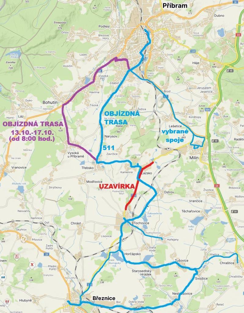 Výlukový jízdní řád pro linku 511 platný od 13. 10. 2025 do 31. 10. 2025 z důvodu ÚPLNÉ uzavírky silnice II/174 v úseku Tochovice-Lazsko
