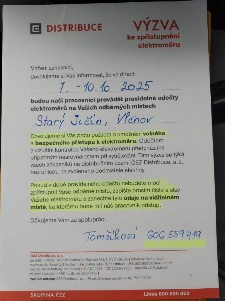 odečty elektroměrů Starý Jičín a Vlčnov