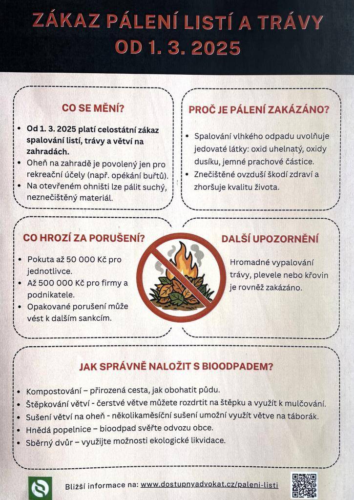 Od 1. 3. 2025 platí celostátní zákaz  spalování listí, trávy a větví na  zahradách.