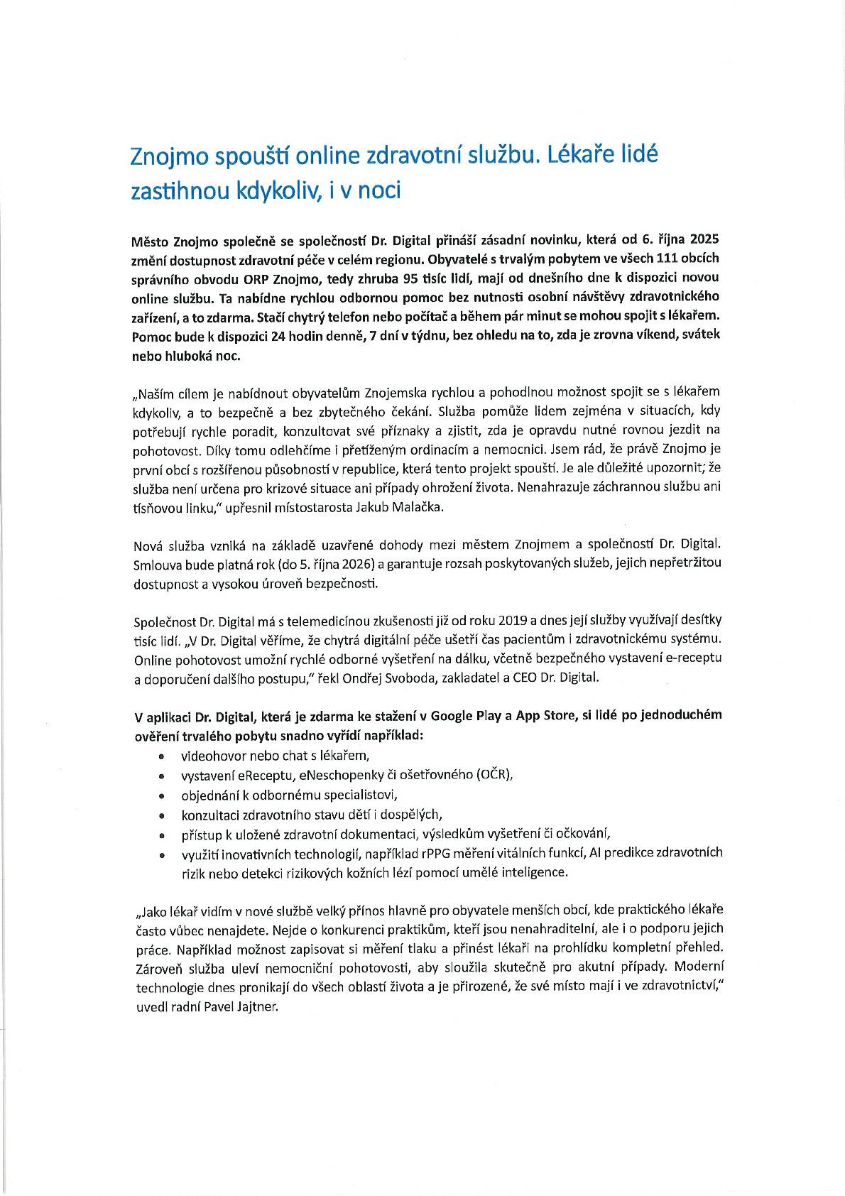 Město Znojmo spouští novou službu -online zdravotní služba