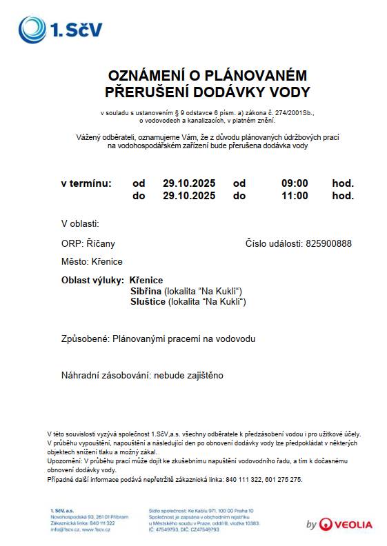 Oznámení o plánovaném přerušení dodávky vody v Obci Křenice 29.10.2025 od 9:00 - 11:00 hod.