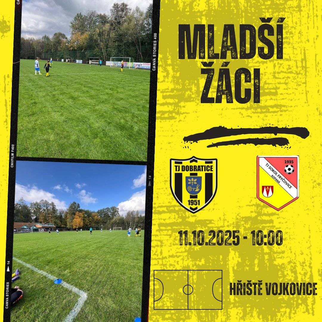 V sobotu 11. října od 10:00 se mladší žáci TJ Dobratice utkají s týmem TJ Sokol Písečná! Tentokrát výjimečně na našem vojkovickém hřišti  – tak přijďte fandit a vytvořit skvělou atmosféru! 🙌 📍 Hřiště Vojkovice 🕙 Začátek zápasu: 10:00