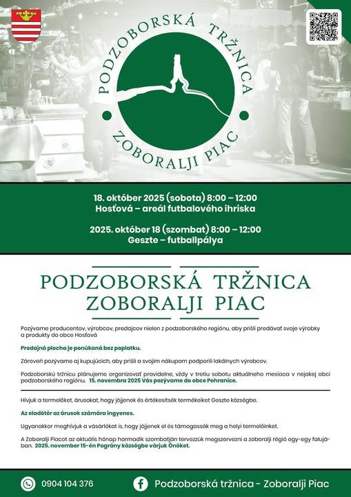 PODZOBORSKÁ TRŽNICA, 18. októbra v Hosťovej  ZOBORALJI PIAC, október 18-án, Nyitrageszté