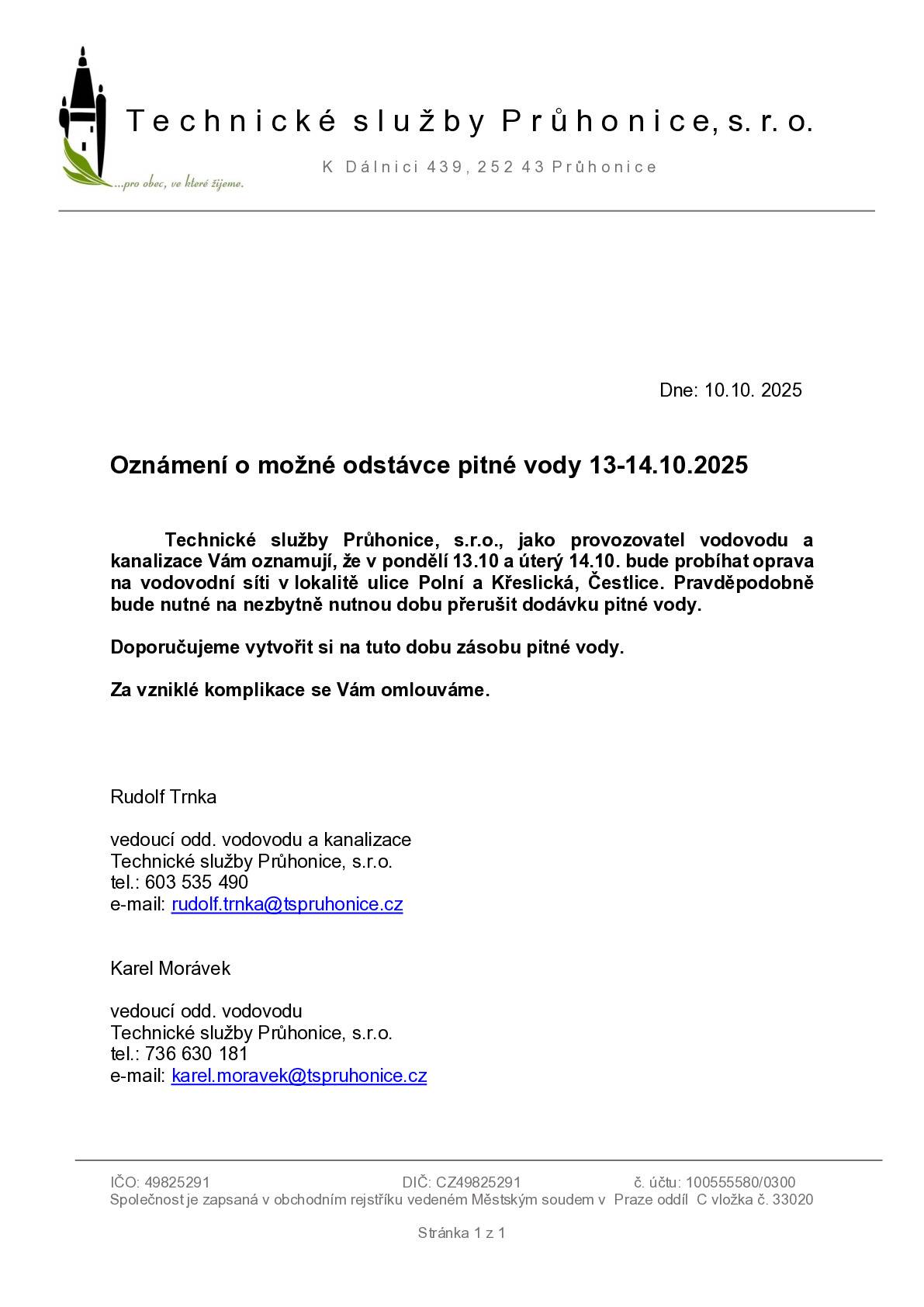 Oznámení o možné odstávce pitné vody dne 13. - 14.10.2025