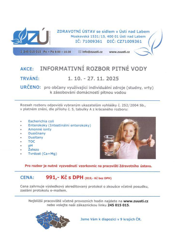 Zdravotní Ústav v Ústí nad Labem nyní nabízí možnost informativního rozboru vody za výhodnou cenu pro soukromé osoby. Tato služba je důležitá pro zajištění bezpečnosti a kvality pitné vody.