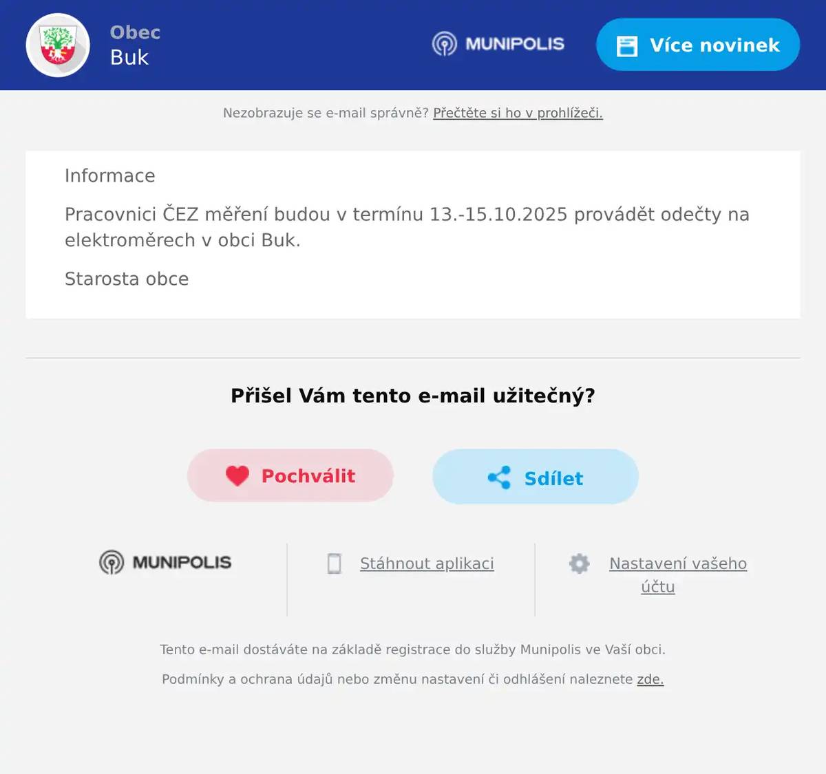 Informace Pracovnici ČEZ měření budou v termínu 13.-15.10.2025 provádět odečty na elektroměrech v obci Buk. Starosta obce