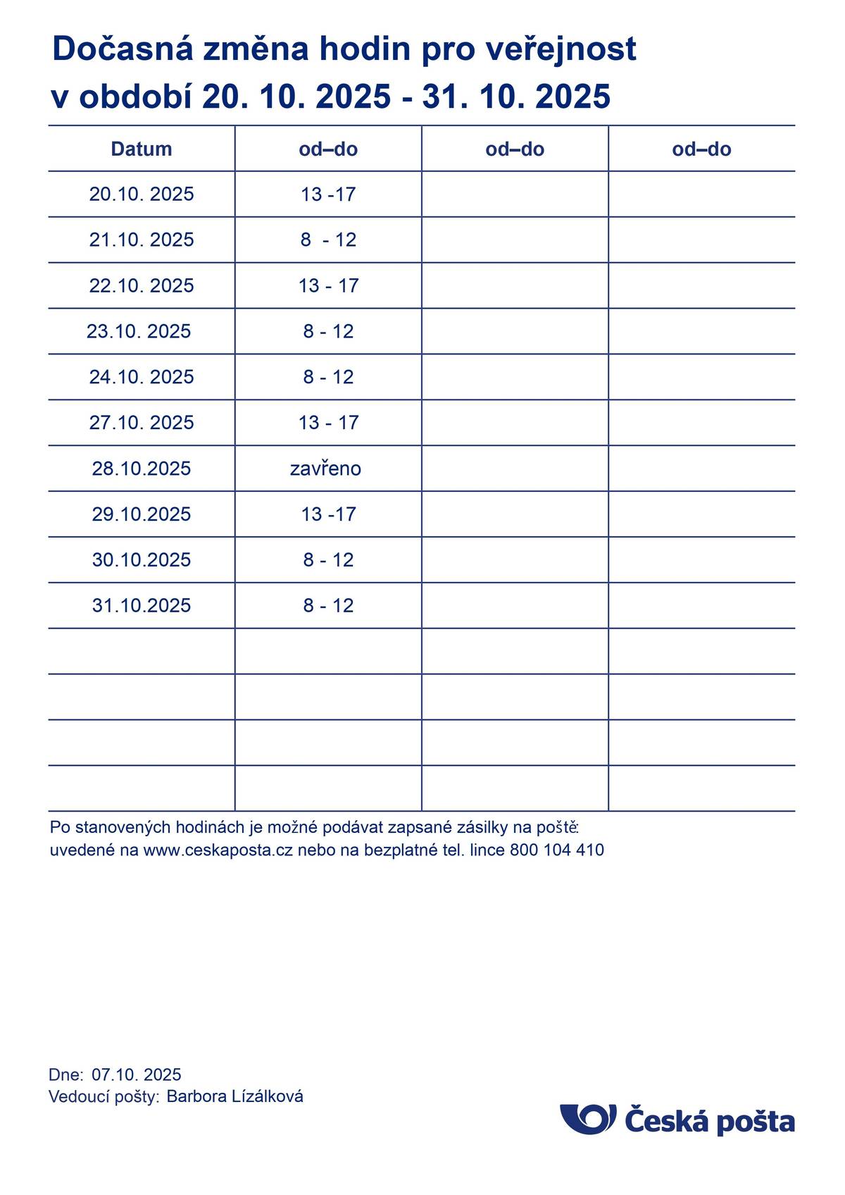 Dočasná změna hodin pro veřejnost v období 20. 10. 2025 - 31. 10. 2025.