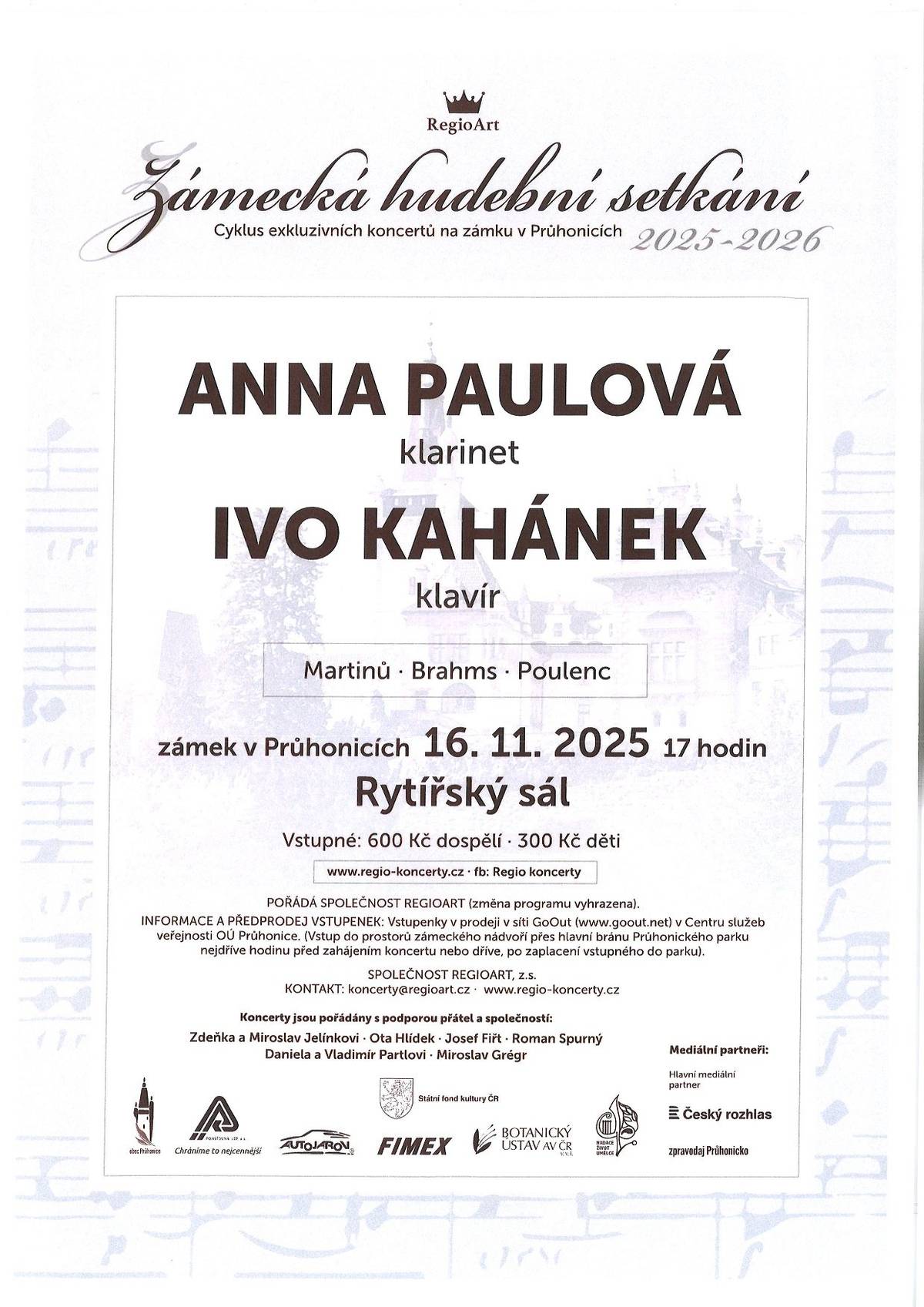 Zámecká hudební setkání - koncert 16.11.2025 - Anna Paulová, klarinet, Ivo Kahánek, klavír