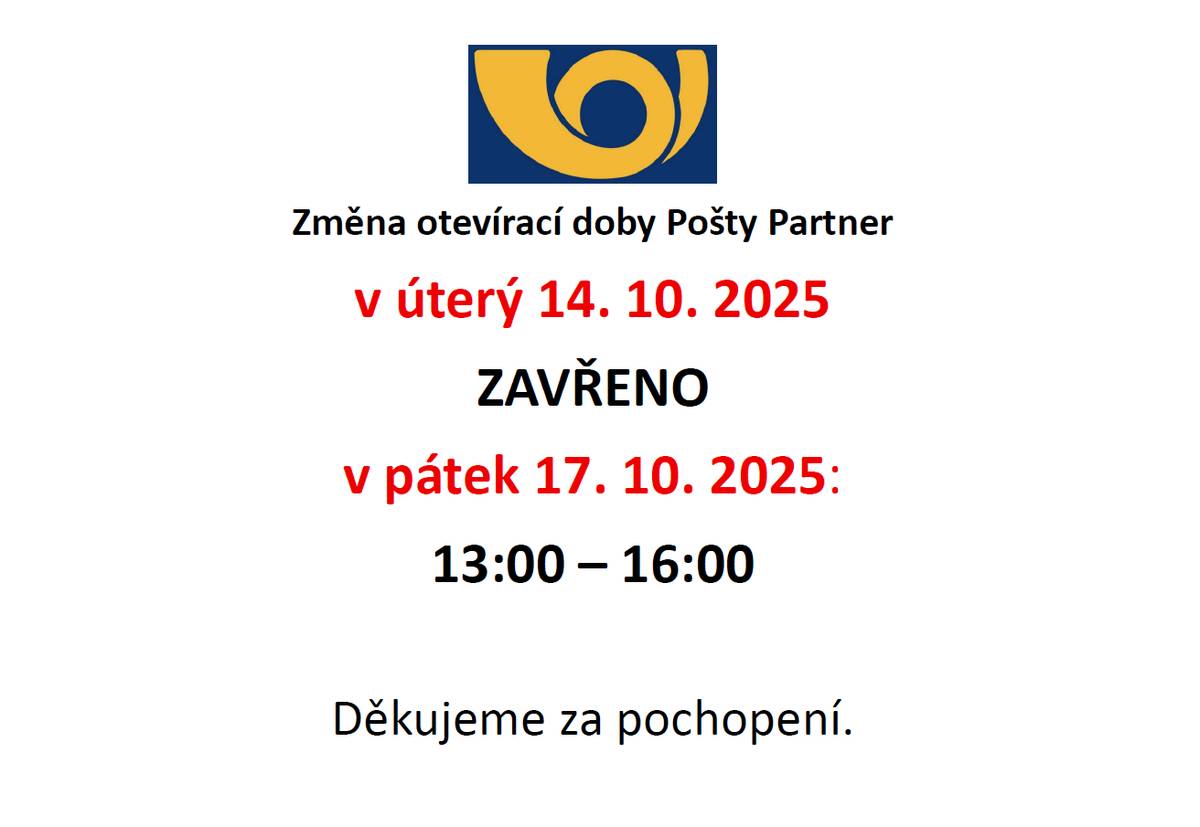 Změna otevírací doby Pošty partner Dušejov v tomto týdnu: