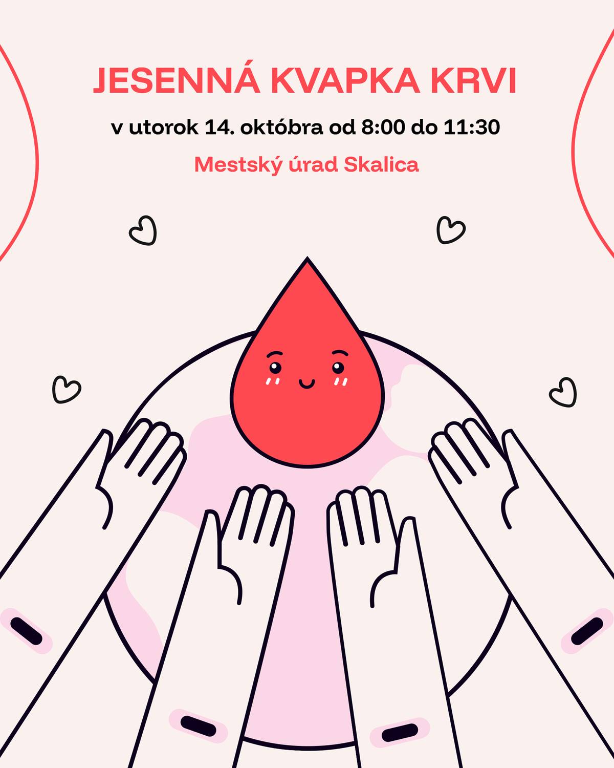 Utorok 14. októbra 2025 08:00 – 11:30 veľká zasadačka Mestského úradu Skalica Podujatie organizuje Mesto Skalica v spolupráci s Mládežníckym parlamentom mesta Skalica a Národnou transfúznou službou SR pod záštitou primátorky Oľgy Luptákovej. Cieľom je pomôcť tým, ktorí to najviac potrebujú – pretože každá kvapka krvi môže zachrániť život. Kto môže darovať krv? Zdraví ľudia vo veku 18–60 rokov (pravidelní darcovia do 65 r.) s hmotnosťou nad 50 kg. Udalosť: https://t.ly/nvekY Viac informácií: https://ntssr.sk/web/o_darovani_krvi https://ntssr.sk/web/test_sposobilosti_darcu