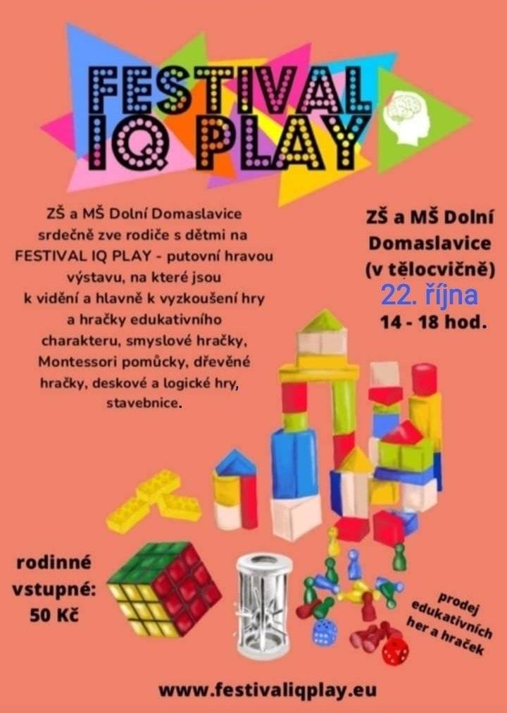 Zveme všechny rodiče s dětmi na Festival IO PLAY, který se koná 22. října 2025 v tělocvičně ZŠ a MŠ Dolní Domaslavice. Na této putovní hravé výstavě si děti mohou vyzkoušet širokou nabídku her a edukativních hraček, jako jsou Montessori pomůcky, dřevěné hračky, deskové a logické hry.