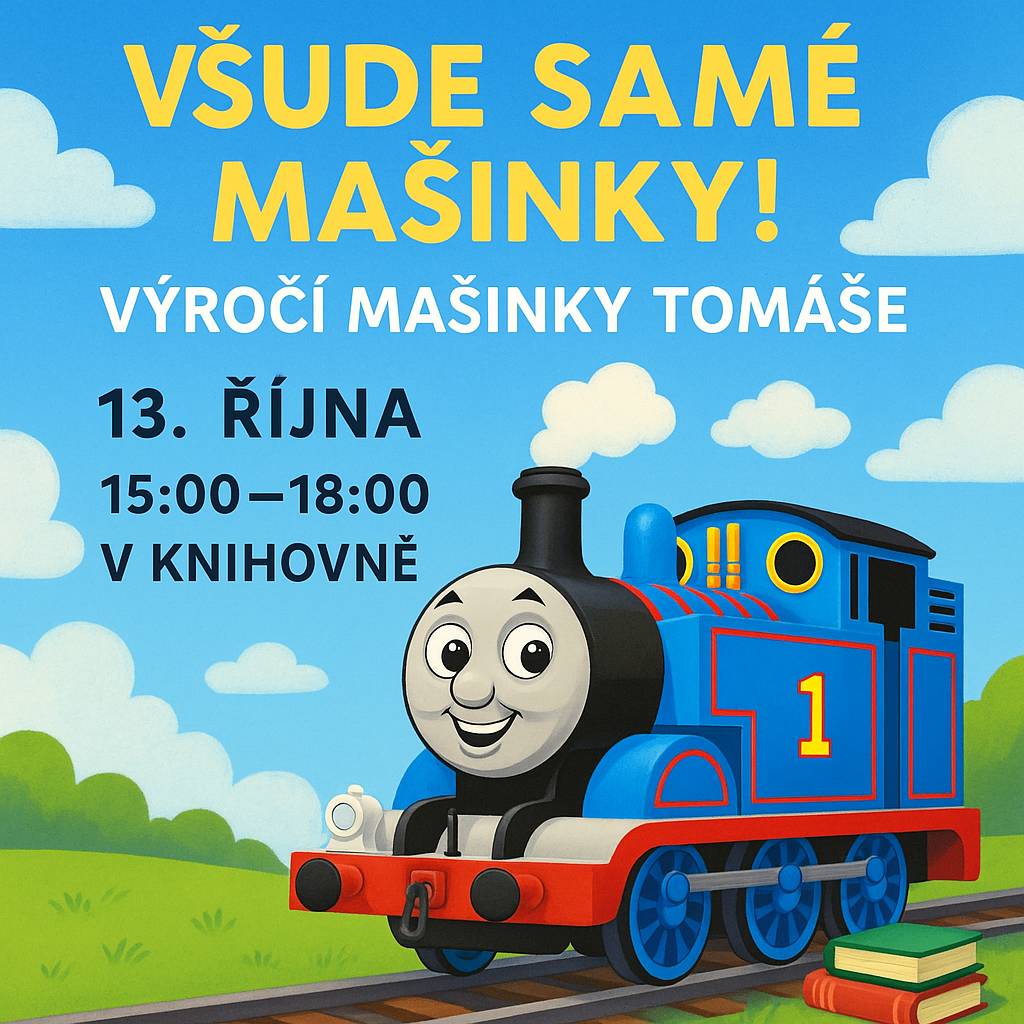 Přijďte s námi oslavit výročí Mašinky Tomáše! 📅 Pondělí 13. října 🕒 15:00–18:00 hod. 📍 Knihovna Hodky Čeká nás spousta zábavy s mašinkami. Těšíme se na malé i velké fanoušky železnic! 💙