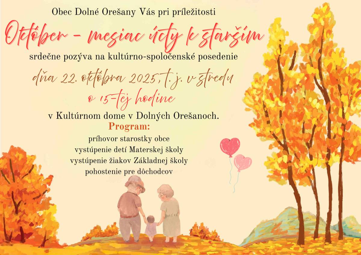 Obec Dolné Orešany pozýva seniorov pri príležitosti Mesiaca úcty k starším na posedenie do kultúrneho domu, ktoré sa bude konať v stredu 22. októbra 2025 o 15,00 hod. Pripravený je kultúrny program a občerstvenie.
