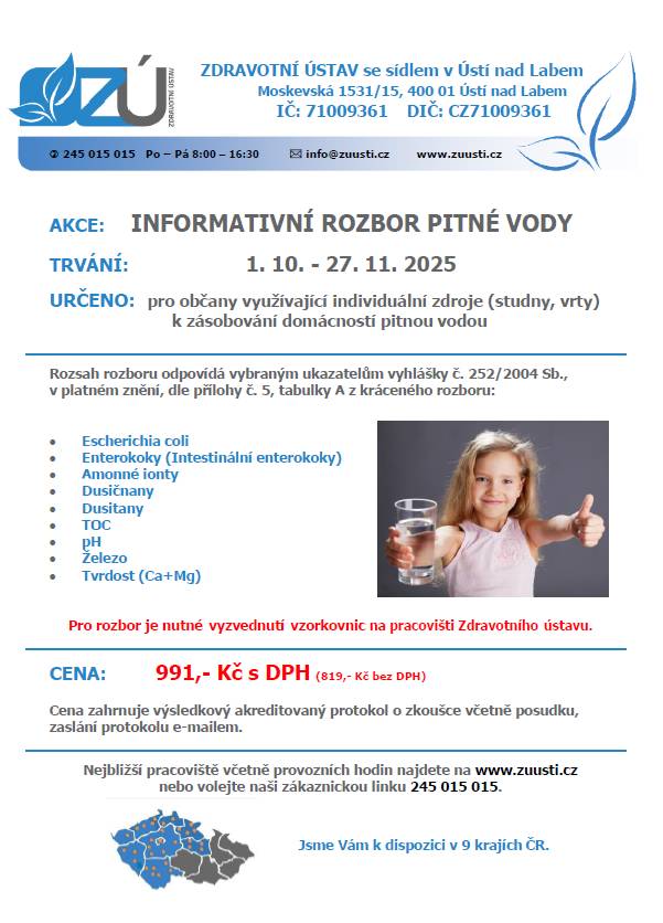 Zdravotní ústav nabízí od 1. října do 27. listopadu 2025 možnost provedení informativního rozboru pitné vody pro občany, kteří využívají individuální zdroje vody, jako jsou studny a vrty.