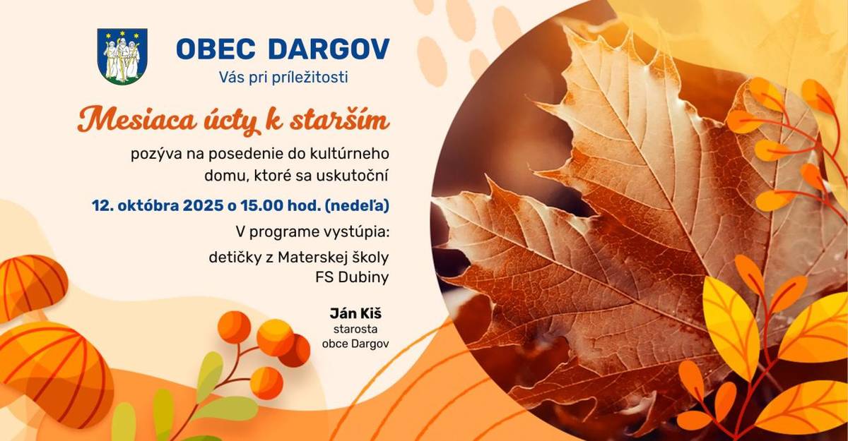 Srdečne pozývame všetkých seniorov, ktorí chcú stráviť príjemný čas v spoločnosti svojich rovesníkov do kultúrneho domu dňa 12.10.2025 o 15.00 hod pri príležitosti Mesiaca úcty k starším.