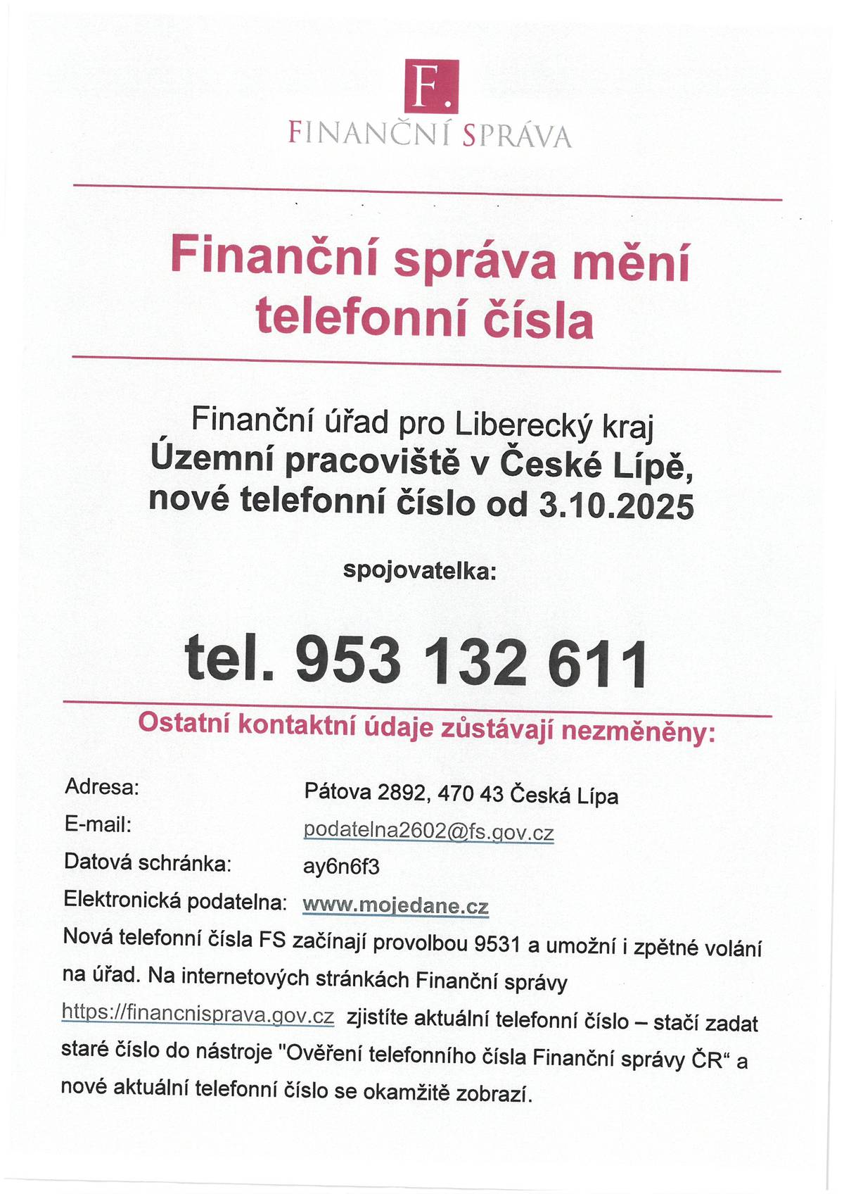 od 3.10 nové telefonní číslo .